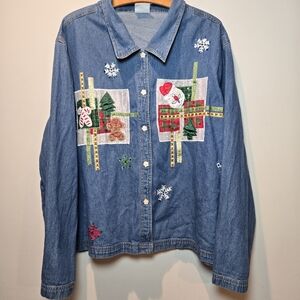 Carolina Blues Christmas Denim Button Down Shirt 2X Womens Vintage Holiday Wear
